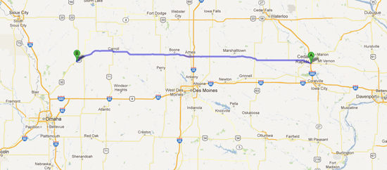 Map screenshot of gsvs14 line across Iowa. Map data ©2012 Google.