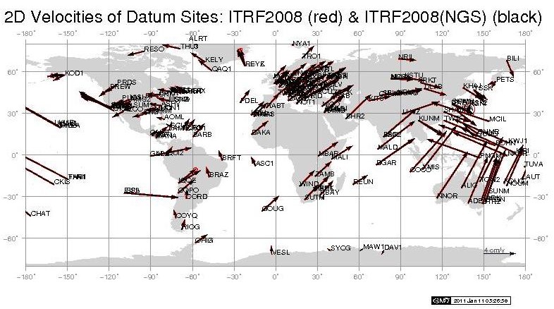 Global stacking: 2D velocities in ITRF2008 and those derived from the NGS reprocessing and stacking (after aligning the stacked NGS solut ion to ITRF2008)