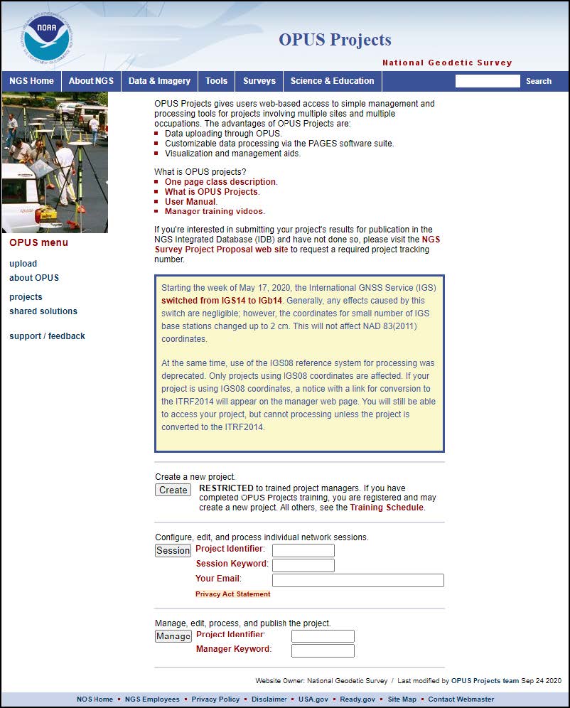 OPUS Projects Create, Session, and Manager access page at https://geodesy.noaa.gov/OPUS-Projects/
