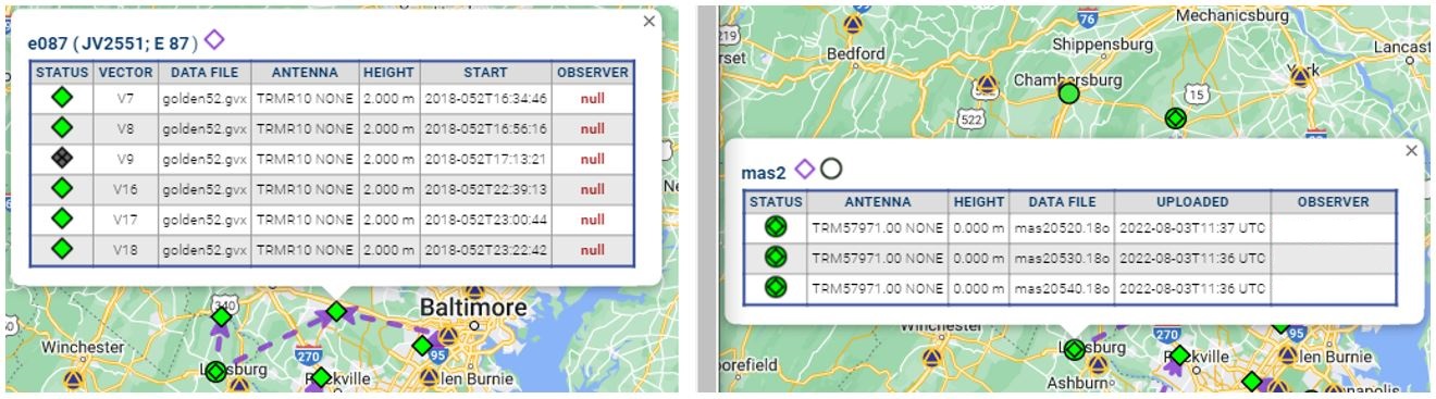 Clicking on a mark icon on the map allows viewing of static GNSS and/or GVX observations at that mark. This is a side-by-side pop-up of "e087" - a 3D, Uploaded GVX-only mark, and "mas2" - a 3D, Static processing + GVX mark.