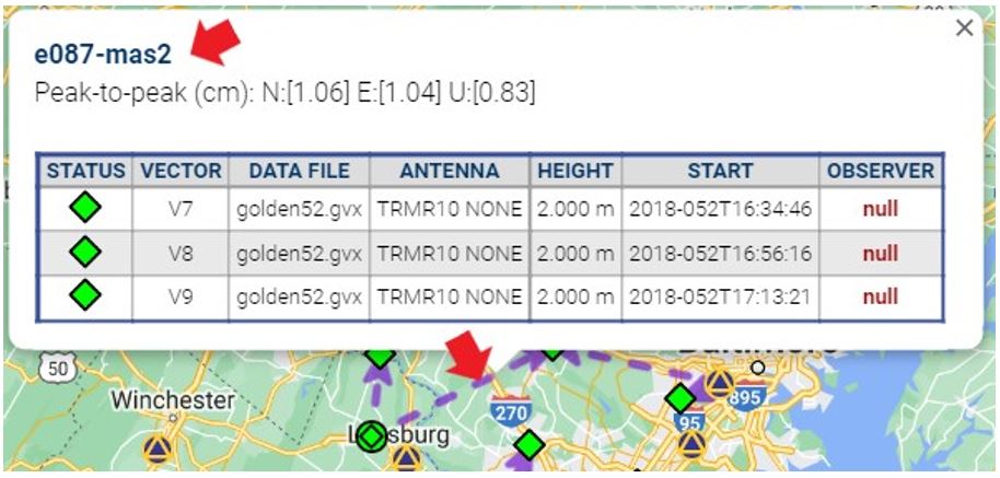 A list of GVX vectors associated with baseline e087-mas2 baseline is shown here when clicking anywhere on the baseline displaying on the map.