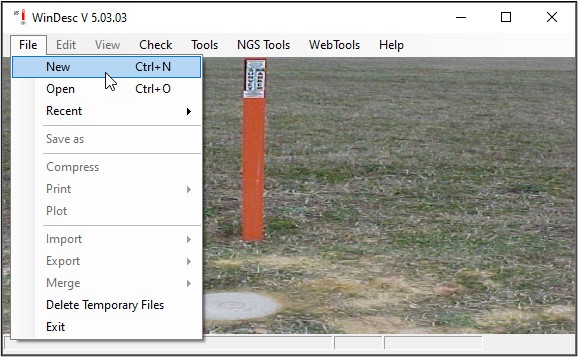 Home screen WinDesc version 5.03.03, showing the initiation of a new description file