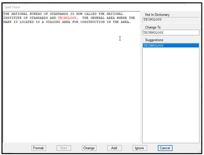 Example of a misspelled word identified by the WinDesc Spell Check
