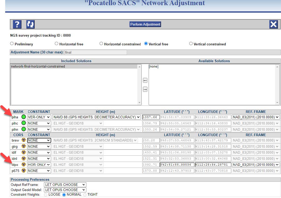 Setting up the Vertical Free network adjustment