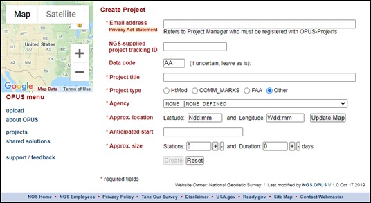 Input screen to create a project in OPUS Projects