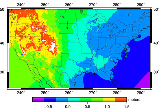 VERTCON 3.0 longitude shifts between NAD 27 and NAD 83(1986). Map of US with color range from violet to red.